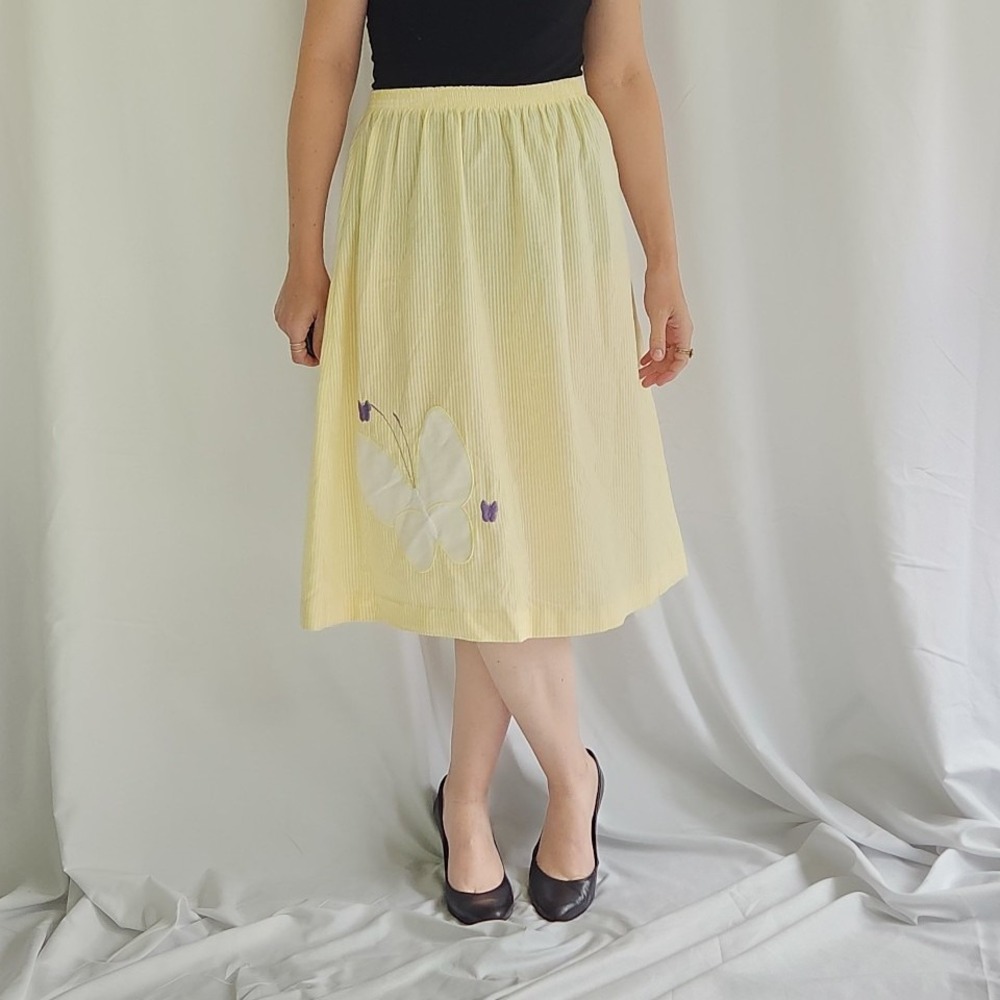 80s Handmade Yellow Pinstripe Skirt with Butterfly